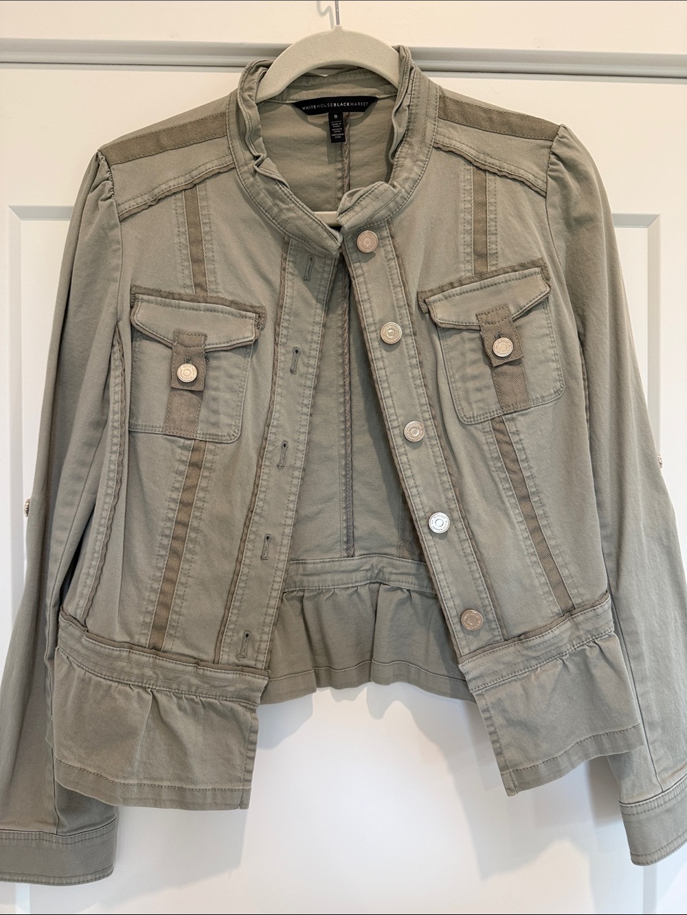 White House Black Market Olive Utility Jacket with Contrast Trim
